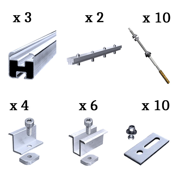 Kit fissaggio completo per 4 moduli fotovoltaici tetto a falda con vite per calcestruzzo