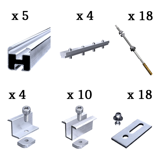 Kit fissaggio completo per 5 moduli fotovoltaici tetto a falda con vite per calcestruzzo